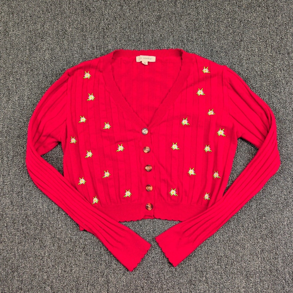 LA Hearts Cottagecore Embroidered Floral Cardigan L Red Cropped Ribbed V-Neck